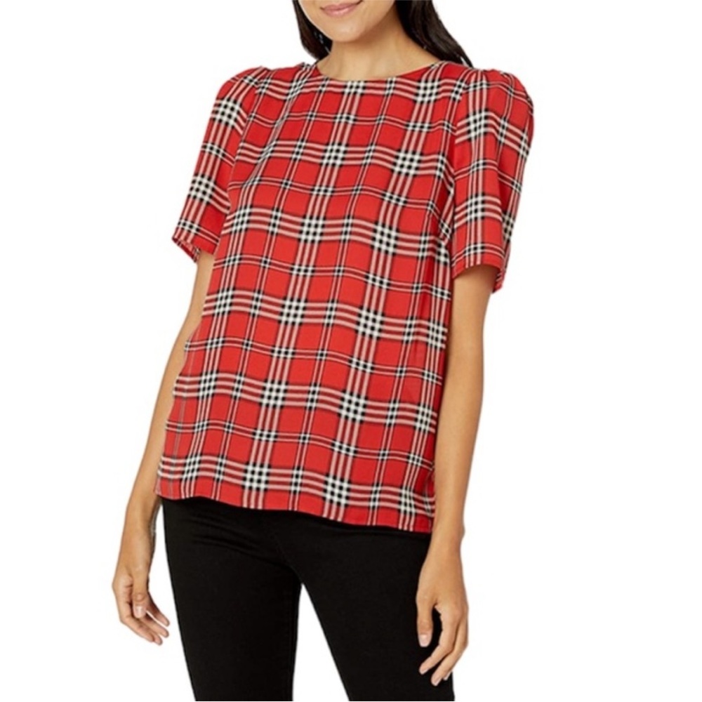 🆕 Vince Camuto 💌 Short Sleeve Shoulder Plaid Blouse Red Burnt Amber top size S